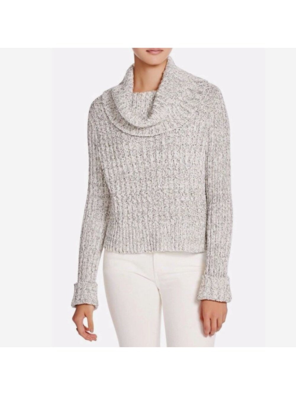 Free People Twisted Cable Cropped Turtle Neck Sweater Marled Ivory Combo XS